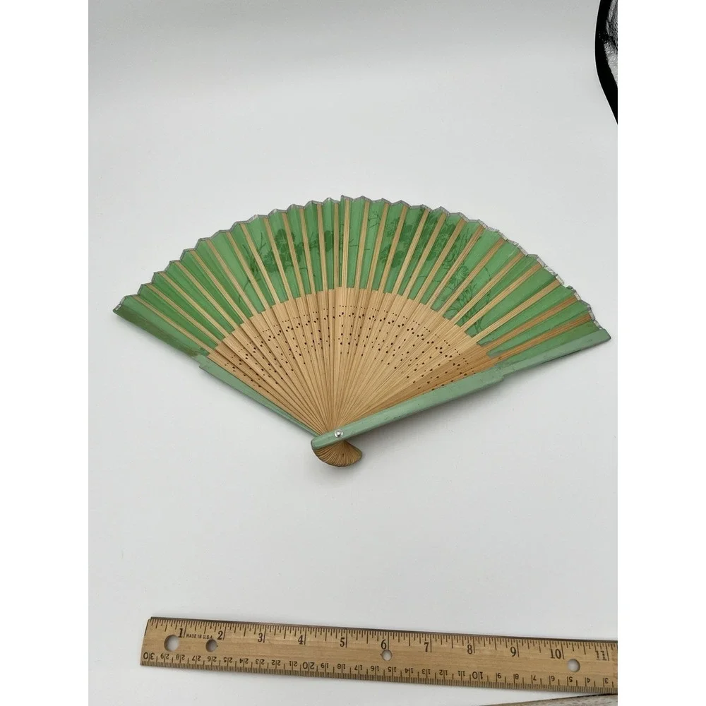 Vintage / Antique Paper & Wood Hand Floral Fan Green